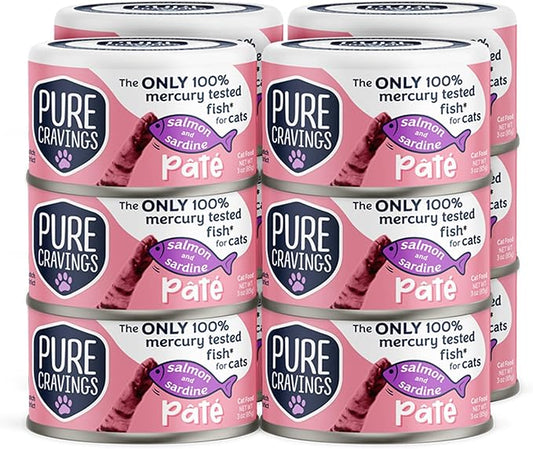 Salmon and Sardine Pate, Canned Wet Cat Food, 100% Mercury-Tested, Moist Can Fish, Grain-Free Protein, Non-GMO, 12 Pack