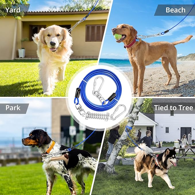 jenico Dog Tie Out Cable, 10/15/20/30/40/50/70/100/150FT Runner Cable with Swivel Hook and Shock Spring, Dog Leash Run Tether for Yard Outdoor and Camping,for Small to Medium Pets Up to 500 LBS