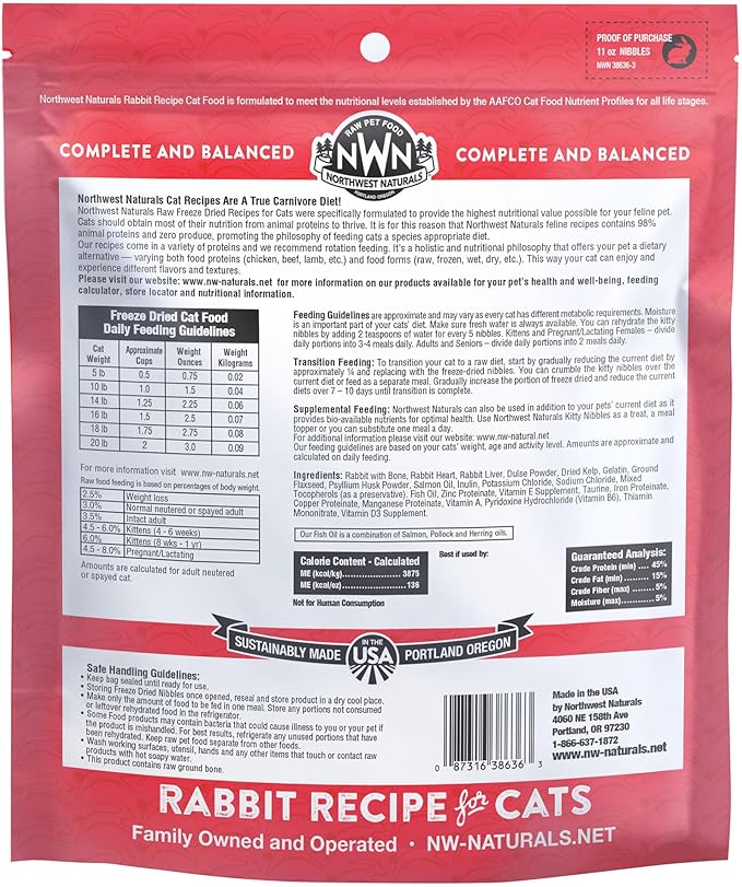 Northwest Naturals Freeze-Dried Rabbit Cat & Kitten Food – Bite-Sized Nibbles – Healthy, Limited, Human-Grade Ingredients, All-Natural, High-Protein Raw Diet – Complete & Balanced – 11 oz (Pack of 3)