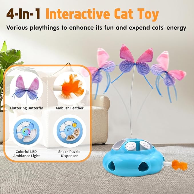 Interactive Cat Toys for Indoor Cats, 4in1 Pet Teaser Toy with Ambush Feather Wand, Motorized Fluttering Butterfly and Slow Feeder, Rechargeable Power Treat Puzzle Toy(Blue)