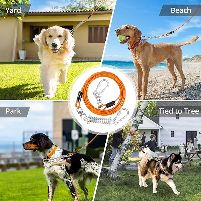 Jenico Dog Tie Out Cable, 10-150FT Runner Cable with Swivel Hook and Shock Spring, Outdoor Dog Leash Tether for Small to Medium Pets Up to 500 LBS