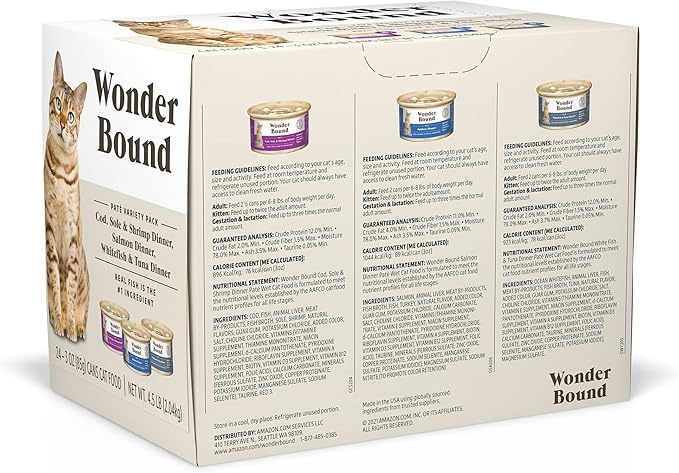 Amazon Brand - Wonder Bound Wet Cat Food, Pate, No Added Grain, Variety Pack (Cod, Sole & Shrimp, Salmon, White Fish & Tuna), 3 ounce (Pack of 24)