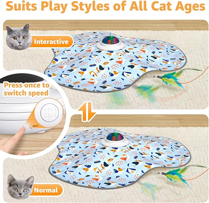 Interactive Cat Toys Rechargeable: Interactive Cats Toy with Chime - Automatic Cat Toys for Indoor Cats, Hide and Seek Toy with Motion, Moving Feather, USB,Blue