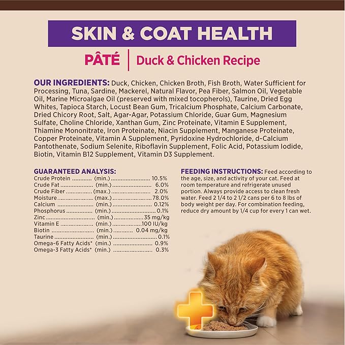 Wellness CORE+ Skin & Coat Pate Adult Wet Cat Food, Natural, Protein-Rich, Grain Free, 2.8 Ounce, 12 Pack (Duck & Chicken)