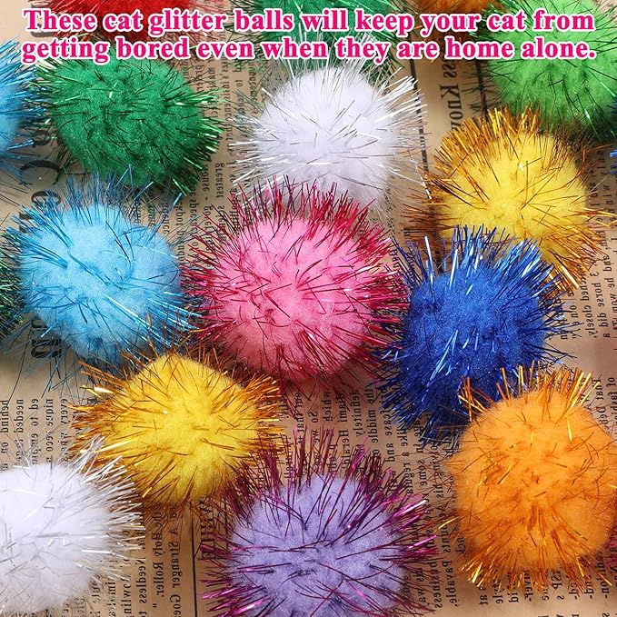 40 Pcs Pom Pom Balls for Kittens Colorful Pompom Balls for Cats Sparkle Ball for Cats Interactive Cat Toy Set for Exercise and Entertainment