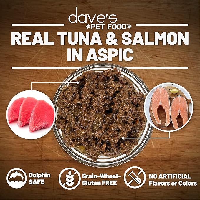 Dave's Pet Food Grain Free Wet Cat Food (Tuna & Salmon in Aspic), Naturally Healthy Canned, Added Vitamins & Minerals, Wheat & Gluten-Free, 3 oz (24 Pack)