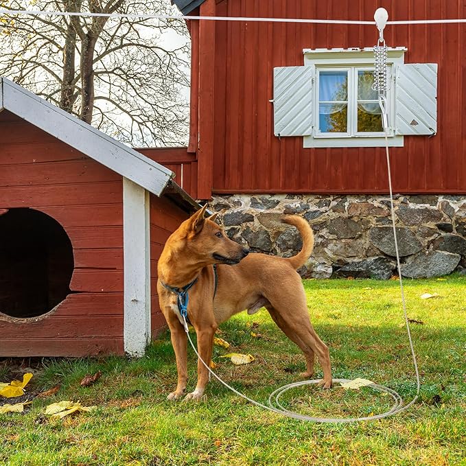 100ft Dog Runner for Yard Large Dog Heavy Duty with Double Shock Absorbers Tangle-Free Aerial Trolley System for Large Dogs Up to 250lbs(Silver)
