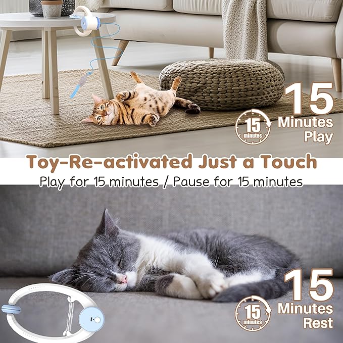 Interactive Cat Toys Rechargeable, Feather Toy for Indoor Cat, Hanging Retractable Teaser Toy, Automatic Kitten Play Chase Exercise Toys with Three Plush Mouse, USB Powered (Blue)