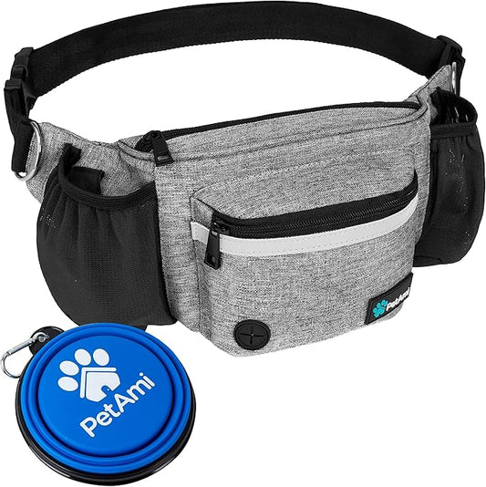 PetAmi Dog Fanny Pack, Treat Pouch for Dog Walking, Training, Built in Poop Bag Dispenser, Water Bottle Holder, Collapsible Bowl, Pet Treat Waist Belt for Hiking, Running, Kibbles (Grey)