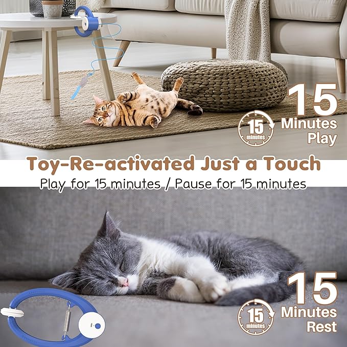Interactive Cat Toys Rechargeable, Feather Toy for Indoor Cat, Hanging Retractable Teaser Toy, Automatic Kitten Play Chase Exercise Toys with Three Plush Mouse, USB Powered (Blue)